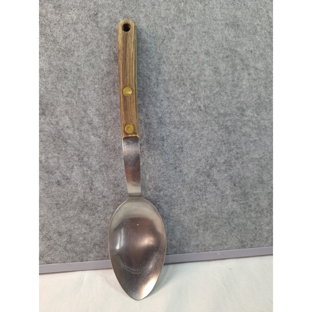 Vintage Stainless USA Serving Spoon Wood Grain Handle Brass Rivets 10.5 Inch